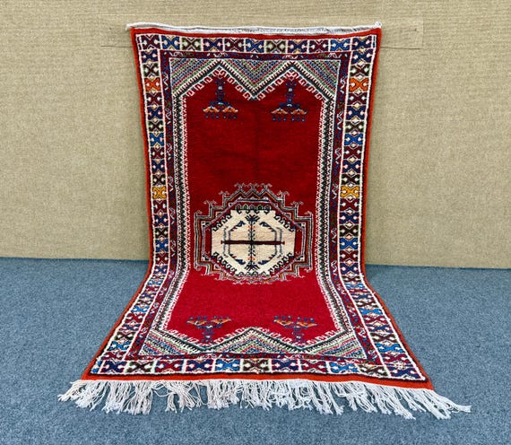 Red Moroccan Rug 4x7 - Taznakhet Berber Rug - Handcrafted Rugs - Soft Wool Area Carpet