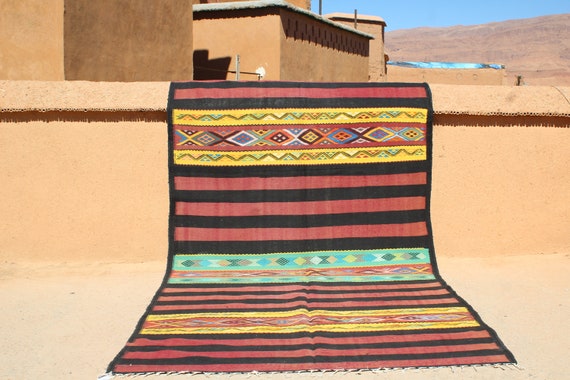 Vintage Moroccan rug 6x12 feet - Kilim rug - flat weave rug - black area rug - vintage Kilim - 12 x 6.2 Feet