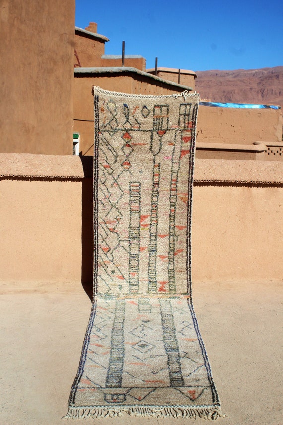 Minimalist Moroccan Beni Ourain Runner - 3x13 Feet - Creamy Beni Mrirt Rug - Morrocan rug - 3x13 runner - Cream and Beige Rug