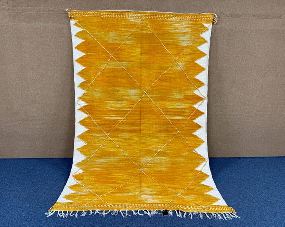 Golden Yellow Moroccan Rug 6x10 | Handwoven Moroccan Flat weave Wool Carpet | Minimalist Berber rug | Natural Dye Atlas Rug