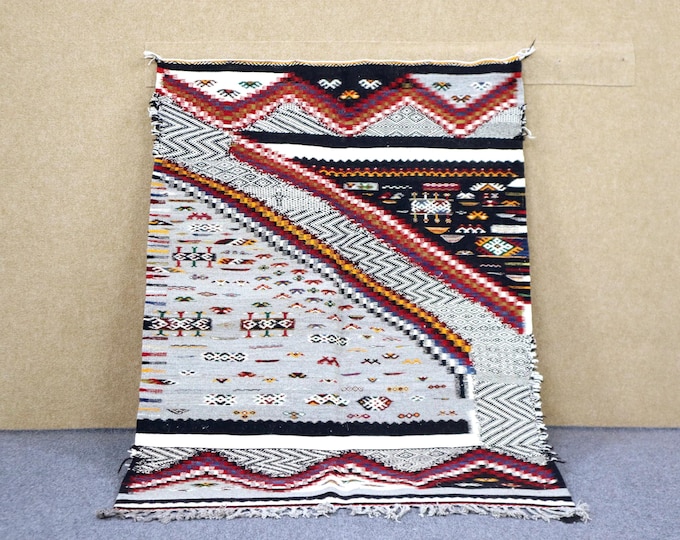Unique Moroccan Akhnif Rug 3x5 - Handwoven Rug - Berber Rug For Living Room - Moroccan Flat Weave Rug - Natural Wool Area Rug - Boho Decor
