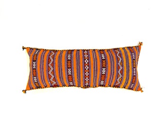 Moroccan pillow rustic throw pillow, extra long wool pillow, orange kilim pillow, handmade pillow moroccan decor pillow
