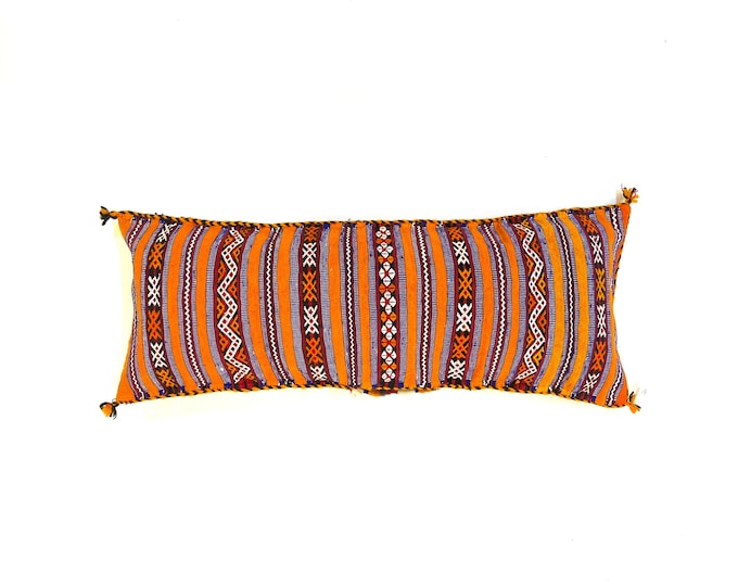 Moroccan pillow rustic throw pillow, extra long wool pillow, orange kilim pillow, handmade pillow moroccan decor pillow