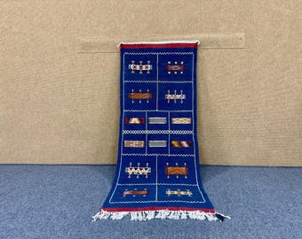Blue Moroccan Runner Akhnif  Rug 2x5 ft –Boho Moroccan Runner – Handmade Wool Rug – Entryway & Kitchen Rug –Flat weave Runner –Free Shipping
