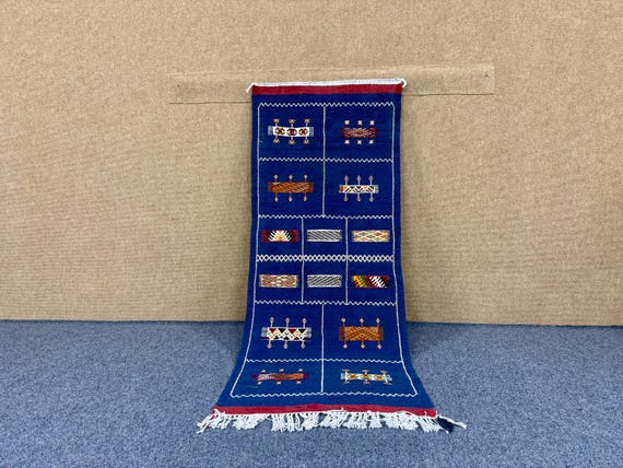Blue Moroccan Runner Akhnif  Rug 2x5 ft –Boho Moroccan Runner – Handmade Wool Rug – Entryway & Kitchen Rug –Flat weave Runner –Free Shipping