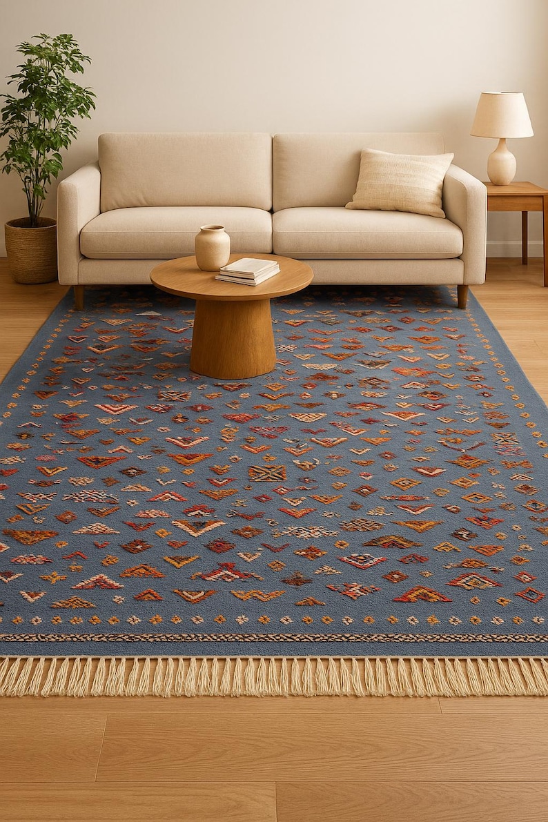 May include: A blue area rug with a geometric pattern in shades of orange, red, and cream. The rug has a fringe border and is placed in a living room setting with a beige sofa and wooden furniture.