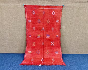 Authentic Moroccan Red Cactus Silk Rug 5x8 ft – Natural Wool Silk Blend Flatweave Rug | Free Shipping