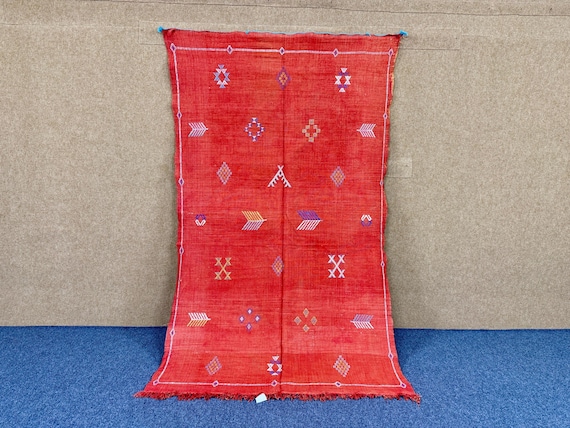 Authentic Moroccan Red Cactus Silk Rug 5x8 ft – Natural Wool Silk Blend Flatweave Rug | Free Shipping