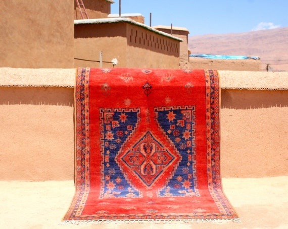 Vintage Moroccan Boujaad Rug Orange 5x8, Shag Rug Orange, Berber HandKnotted Wool Rug
