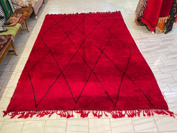 Bright Moroccan Rug, Beni Mrirt rug, 9x12 Beni Ourain rug, Red Moroccan Berber Rug