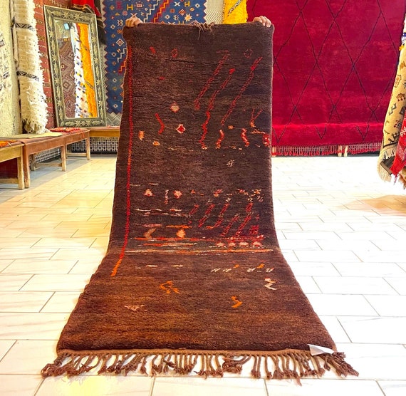 Brown Moroccan runner 2x8, Wool Rug - Beni runner - handmade vintage rug