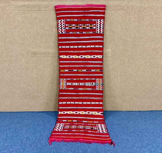 Red Moroccan Kilim Runner– Berber Long Rug 8x 3 ft – Flatweave Wool Hallway Rug– Boho Hallway & Entryway Decor- Irregular Rug