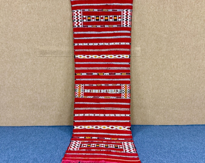 Red Moroccan Kilim Runner– Berber Long Rug 8x 3 ft – Flatweave Wool Hallway Rug– Boho Hallway & Entryway Decor- Irregular Rug