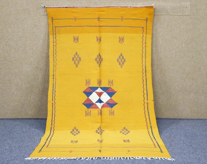 Yellow Akhnif Rug 3x6 - Handwoven Moroccan Rug - Berber Rug For Living Room - Akhnif Flat Weave Rug - Natural Wool Area Rug