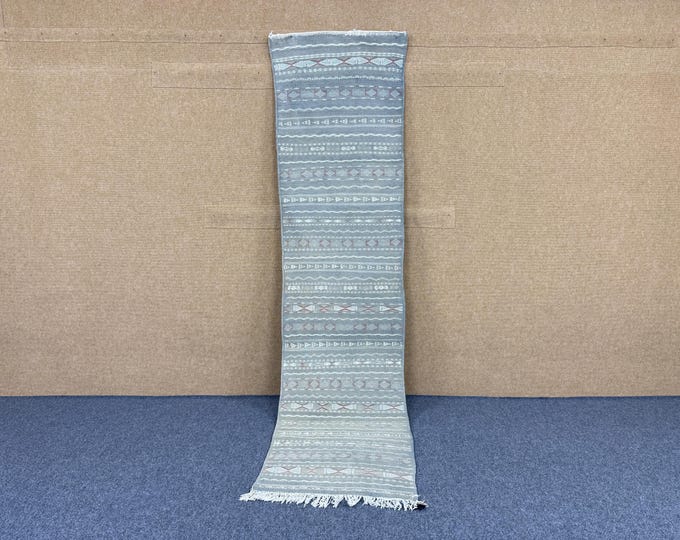 Authentic Kilim Runner – Moroccan Flatweave  2x10 Rug – Tribal Berber Wool Rug for Entryway or Kitchen vintage nomad  Boho Hallway Carpet