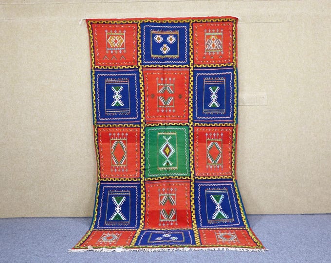 Authentic Moroccan Rug 4x8 - Handwoven Akhnif Rug - Natural Wool Rug - Flat Weave Rug For Living Room -Colorful Berber Rug - Tribal Boho Rug