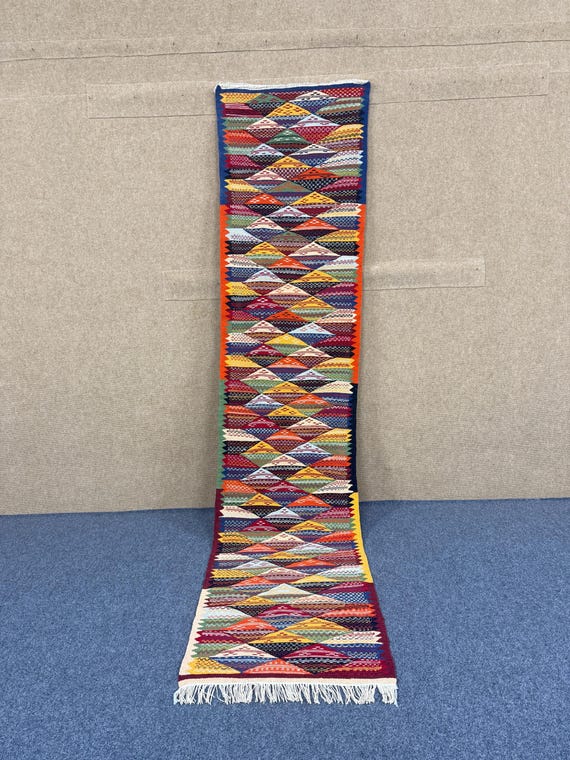 Moroccan Picasso Runner Rug – Handmade Abstract Berber Wool Rug – Long Flatweave Hallway Runner