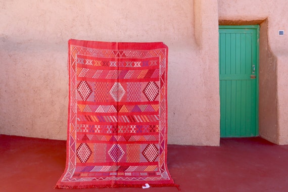 Vibrant Red and Cobalt Cactus Silk Rug 3x5, Handwoven Moroccan Kilim, Aesthetic Flat Weave Berber Rug