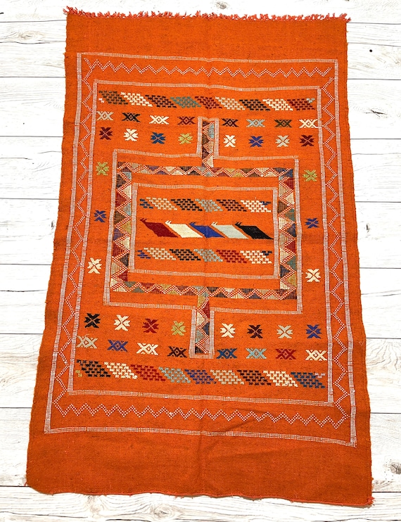 Minimalist Orange Berber rug Moroccan area rug handmade - 5.1 x 3.3 Feet