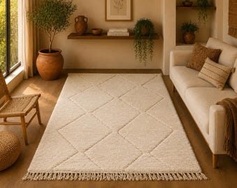 Plush Wool Beni Ourain Rug 5x8 ft – Moroccan Hand-Knotted Berber Carpet - Soft Cozy Neutral Rug - Modern Berber Design - Minimal Style