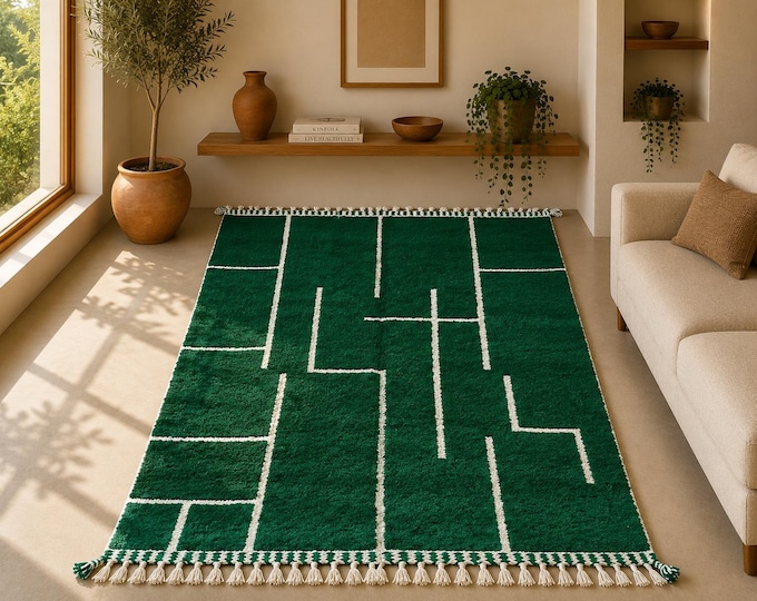 Amazing Green Moroccan Rug 6x10 - Azilal Rug - moroccan decore - handmade beni ouraine rug - Modern Boho Living Room Statement