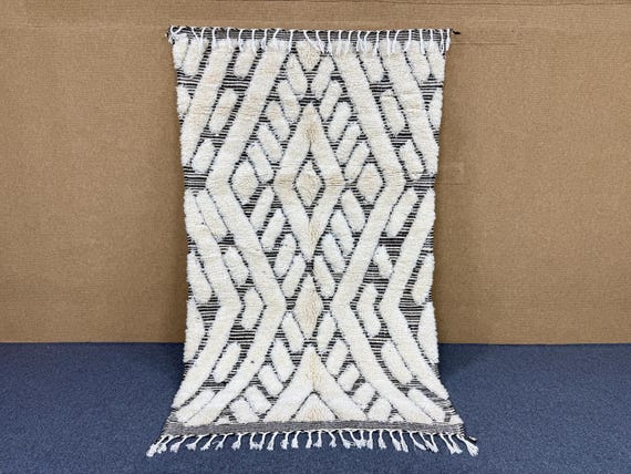 Boho Moroccan Rug 5x8 ft – Beni Ourain Wool Carpet | Neutral Berber Decor | Soft & Handmade l Cream And Black Tribal Design Rug