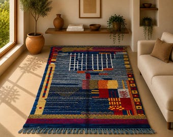Gorgeous Blue Berber Rug 5x9 | Beni Mrirt rug - Thick Pile Berber Moroccan rug | Boho Modern Living Room Rug| Soft Moroccan Rug