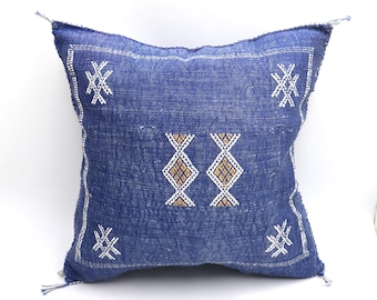 Blue Moroccan Cactus Silk Pillow 18x18 -Moroccan Pillowcase-Soft Pillow Cover-Handmade cactus silk pillow-Sabra Pillow