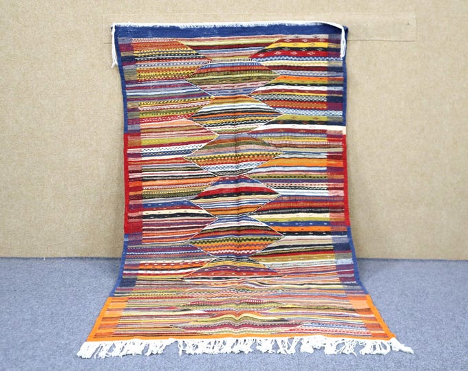 Vibrant Moroccan Akhnif Rug 3x6 - Colorful Handwoven Rug - Flat Weave Akhnif Rug - Berber Rug For Living Room - Ethnic Moroccan Wall Art