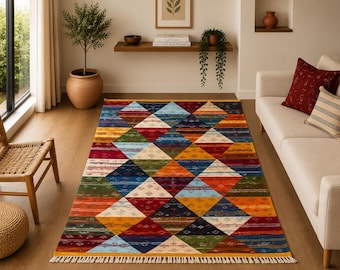 Boho Flatweave Picasso Rug 5x8 ft – Moroccan Akhnif Wool Carpet – Rustic Tribal Home Style – Handmade Berber Wool Carpet–Unique Moroccan Rug