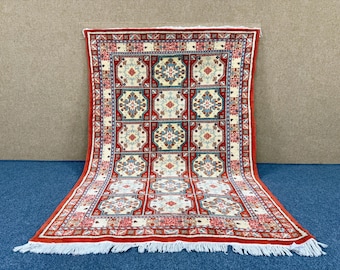 Moroccan Rug 4x7 ft – Moroccan Turkish Style – Red Cream Blue Area Carpet – Tribal Home Decor – Living Room And Bedroom Rug