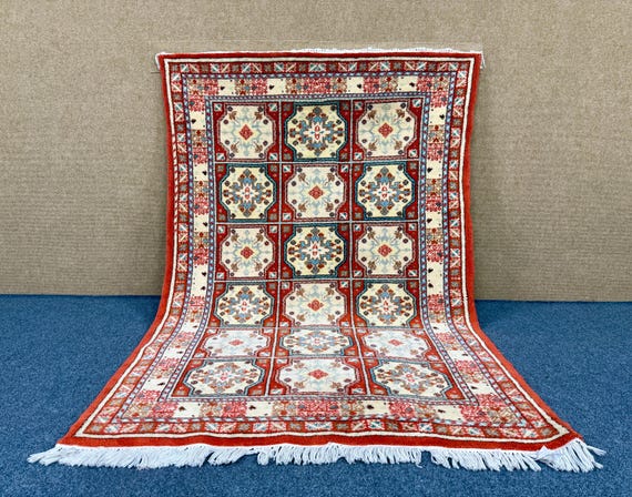 Moroccan Rug 4x7 ft – Moroccan Turkish Style – Red Cream Blue Area Carpet – Tribal Home Decor – Living Room And Bedroom Rug