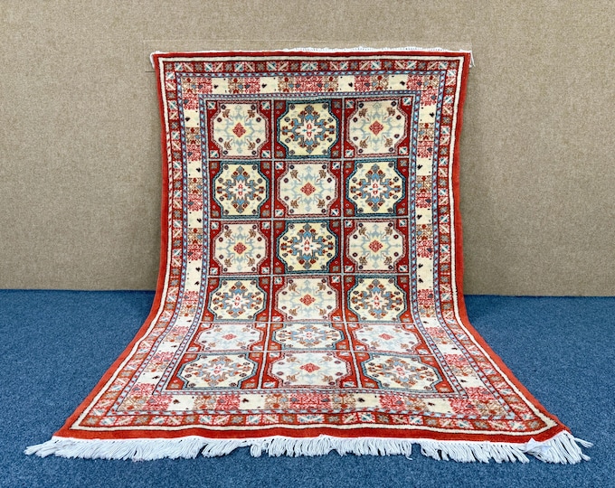 Moroccan Rug 4x7 ft – Moroccan Turkish Style – Red Cream Blue Area Carpet – Tribal Home Decor – Living Room And Bedroom Rug