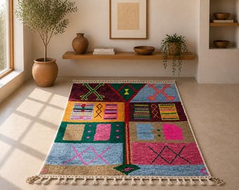 Multicolor Berber rug 5x8 –Moroccan Azilal Rug – Handcrafted Wool Area Rug for Living Room – Traditionally Rugs – Colored Area Rug