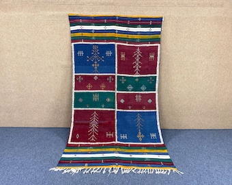 Colorful Moroccan Akhnif Carpet – Wool Flatweave Rug 5x9 ft – Handmade Berber Tribal Decor - Moroccan Living Room Rug – Wool Berber Art