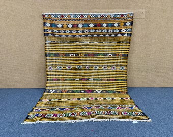 Vintage Yellow Moroccan Rug 4x6 – Handwoven Flatweave Wool Kilim – Berber Tribal Carpet – Boho Decor