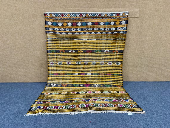 Vintage Yellow Moroccan Rug 4x6 – Handwoven Flatweave Wool Kilim – Berber Tribal Carpet – Boho Decor