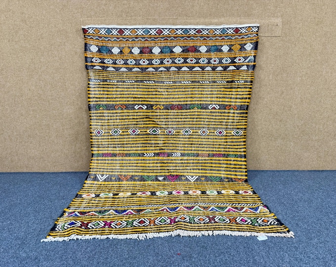 Vintage Yellow Moroccan Rug 4x6 – Handwoven Flatweave Wool Kilim – Berber Tribal Carpet – Boho Decor