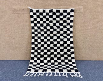 Berber Checkered  3x5 Rug Thick Wool Moroccan Rug – Handwoven Beni Ourain Carpet - Soft Wool Rug For Bedroom– Cozy Berber Style