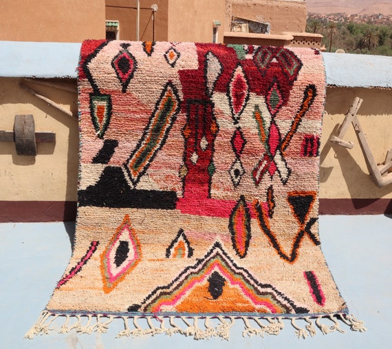 amazing moroccan rug boujaad, stunning 5x8 boujaad rug pink, large colorful berber wool rug, authentic handcrafted area rug