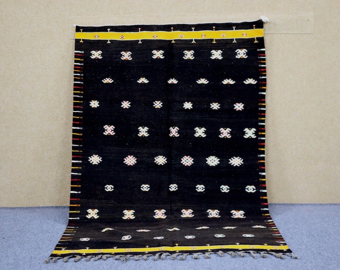 Black Moroccan Rug 4x5 - Handwoven Akhnif Rug - Unique Berber Rug - Natural Wool Area Rug - Moroccan Tribal Boho Rug