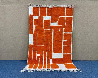 Orange Moroccan Rug 5x8 ft - Handmade Berber Wool Rug - Tufted Moroccan Rug - Beni Ourain Rug