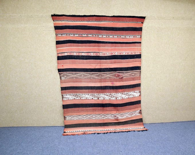 Moroccan Berber Rug 5x8 - Vintage Moroccan Rug - Flat Weave Rug For Living Room - Striped Kilim Rug - Tribal Boho Rug