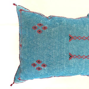 Pu&ograve; includere: Un cuscino blu con ricami rossi e neri. Il cuscino ha un motivo geometrico e un bordo con frange.