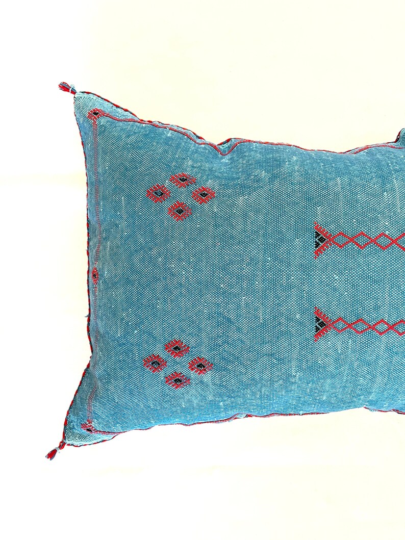 Pu&ograve; includere: Un cuscino blu con ricami rossi e neri. Il cuscino ha un motivo geometrico e un bordo con frange.