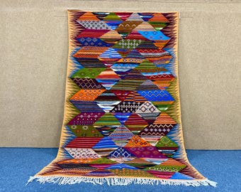 Colorful Berber Picasso Rug 5x8 ft – Moroccan Handmade Wool Flatweave – Ethnic Tribal Rug – Eco Friendly Rug –Lightweight Moroccan Rug