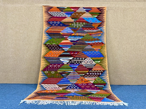 Colorful Berber Picasso Rug 5x8 ft – Moroccan Handmade Wool Flatweave – Ethnic Tribal Rug – Eco Friendly Rug –Lightweight Moroccan Rug
