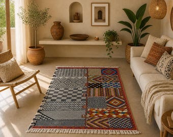 Moroccan Kilim Rug 4x7 ft -  Flat weave Zanafi Kilim - Handmade Wool Runner - Handcrafted Moroccan Carpet - Artistic Floor Rug -Home Decor