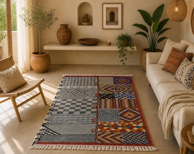 Moroccan Kilim Rug 4x7 ft -  Flat weave Zanafi Kilim - Handmade Wool Runner - Handcrafted Moroccan Carpet - Artistic Floor Rug -Home Decor