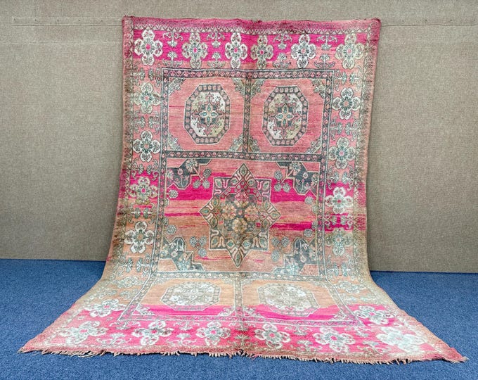 Vintage Pink Moroccan Rug 7x11 - Handmade Large Berber Rug - Unique Boujaad Rug - Wool Moroccan Carpet